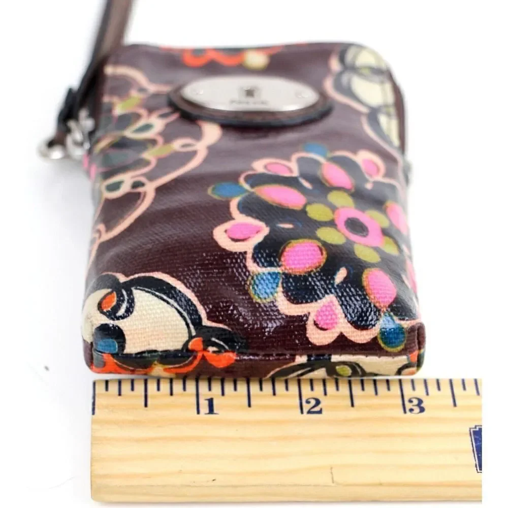 Fossil Key-Per COATED BROWN CANVAS FLORAL PRINT ID BILL CARD ZIP WALLET WRISTLET